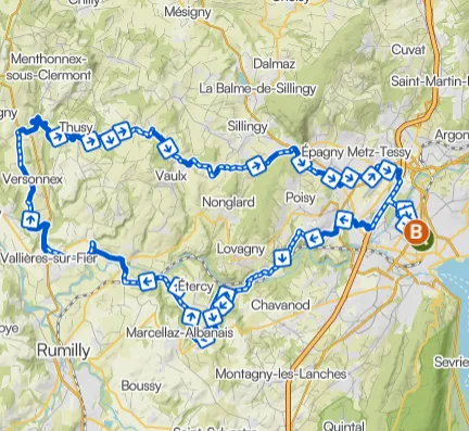 Carte Circuit Albanais 1 - parcours gravel autour d'Annecy, sections gravel et route