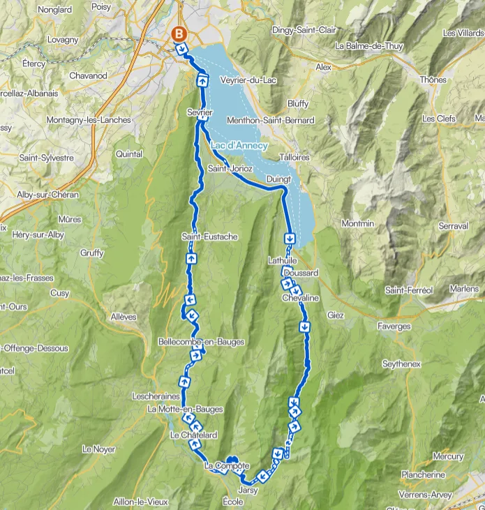 Carte Combe d'Ire Col de Cherel - itineraire gravel massif des Bauges lac d'Annecy
