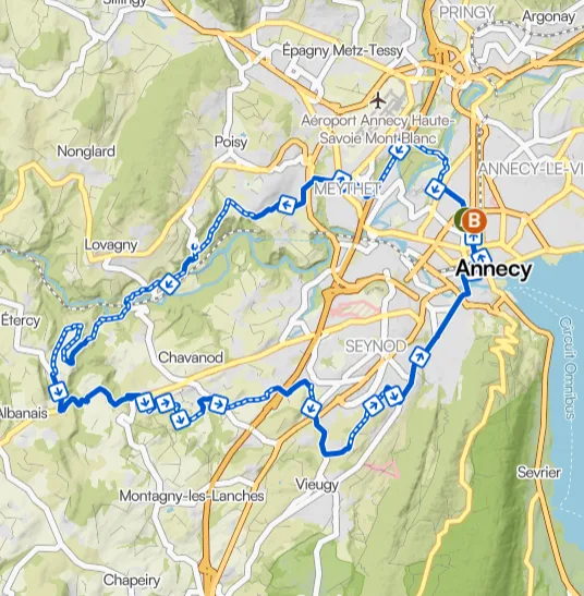 Carte Initiation Gorges du Fier - parcours gravel facile autour d'Annecy
